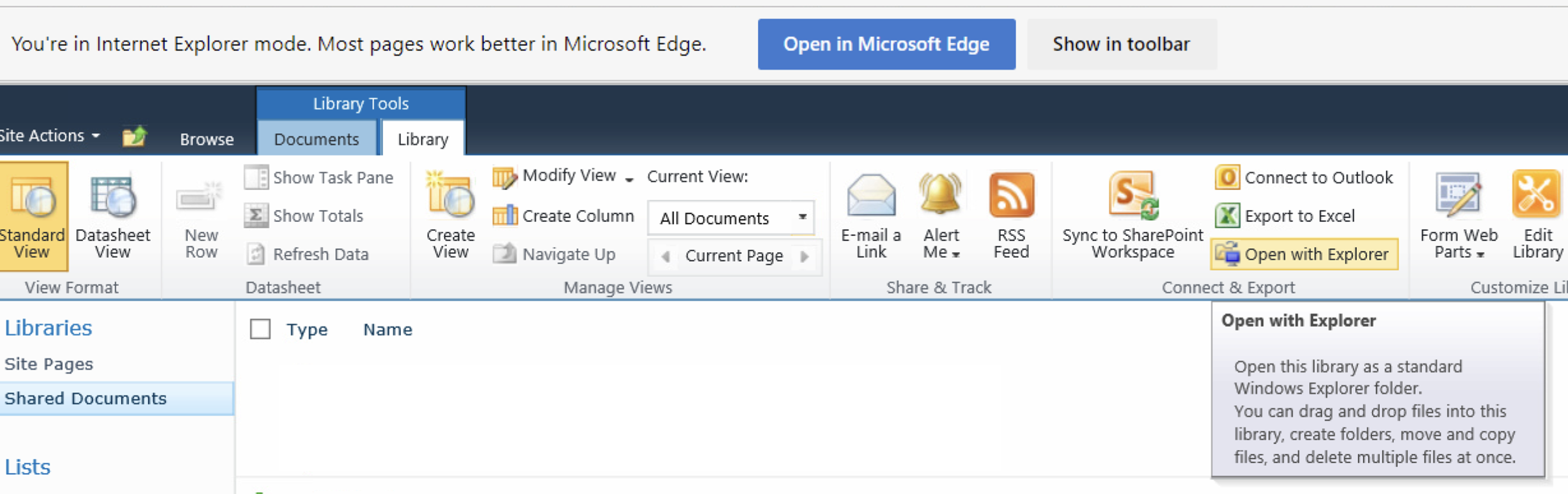 SharePoint 2010 using Edge's IE Mode to display the necessary options