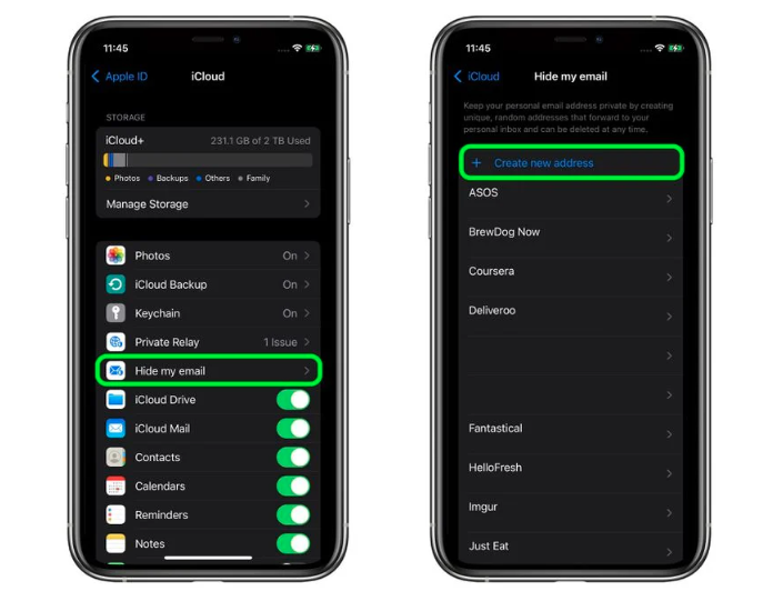 Screenshot of the Hide My Email dialog on your phone