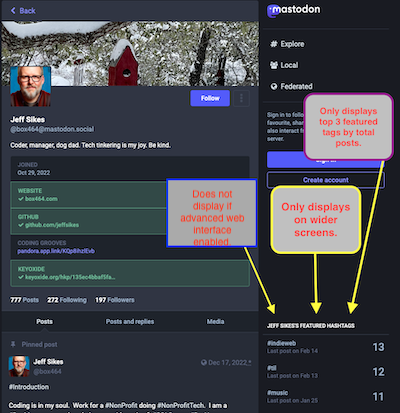 Featured Hashtags only display in a browser window wider than 1800px, if you are not logged into the instance, and only shows your top 3 tags at the most