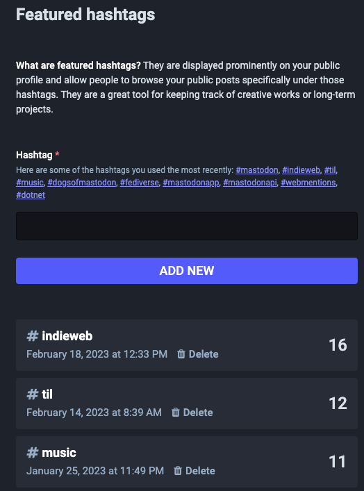 The featured hashtag editor for users found on mastodon instances