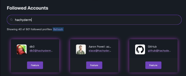 Screenshot of the Featured Profiles UI, showing a search of followed accounts with the term hachyderm found in them.