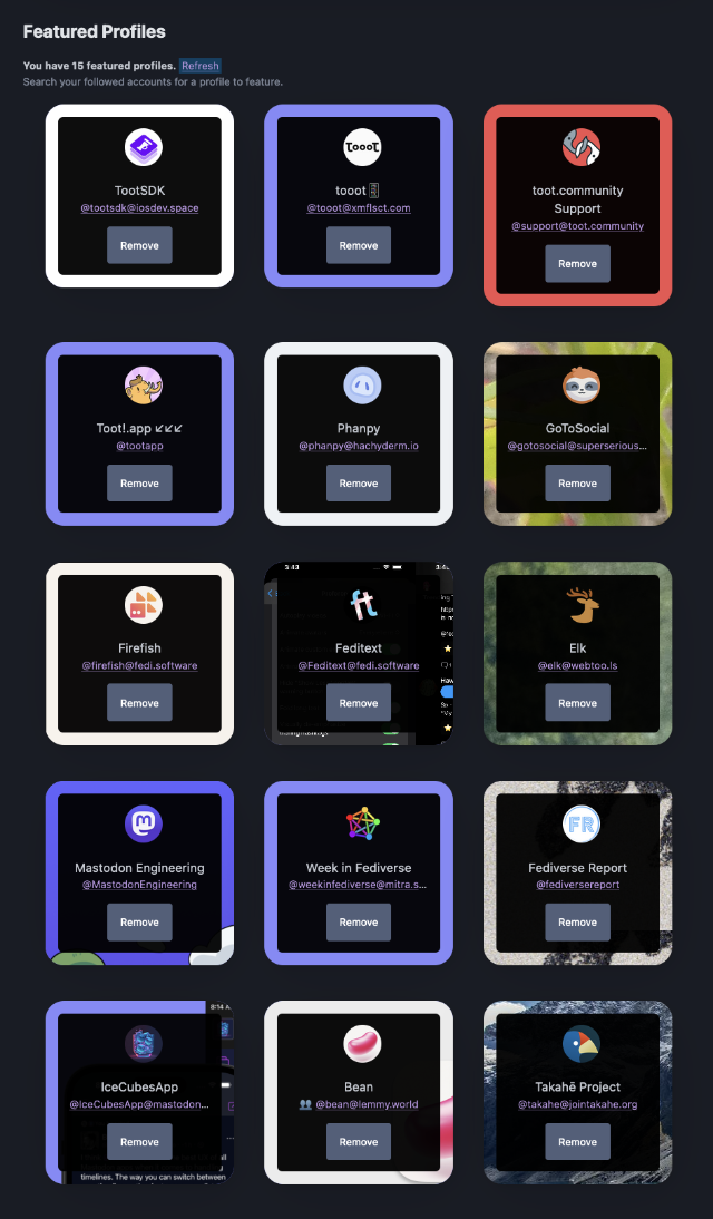 Screenshot of the Featured Profiles UI, showing a ridiculous amount of featured profiles, about 21.