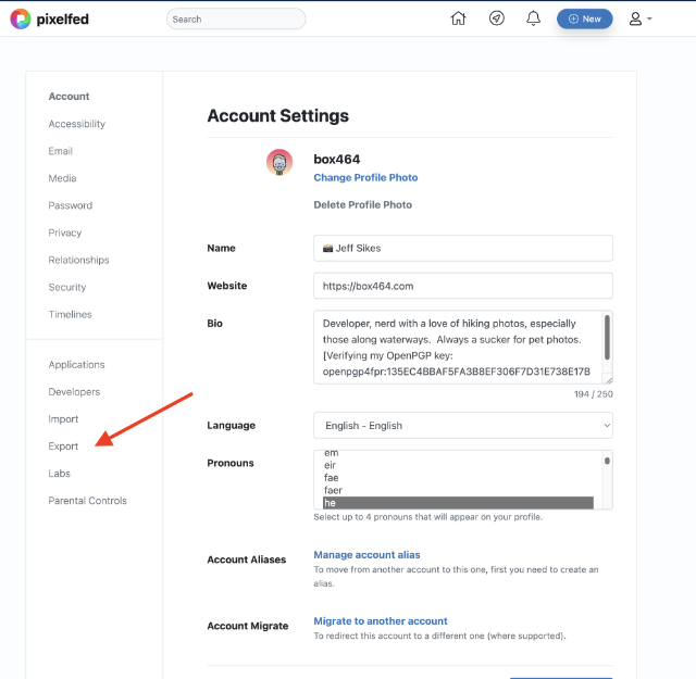Finding the Export option in Pixelfed settings