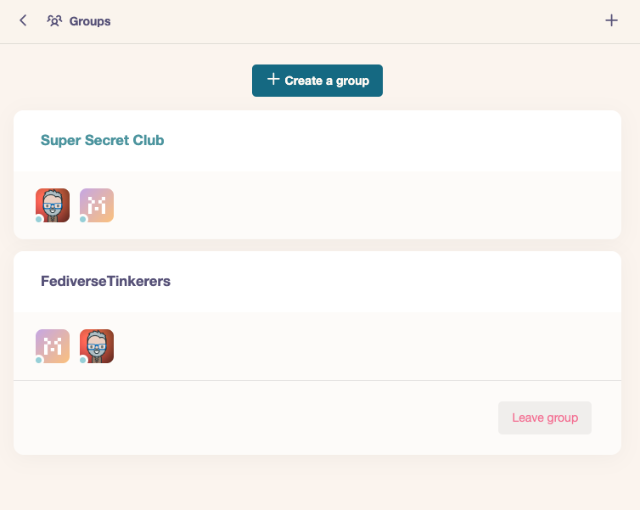 Screenshot of the group management page