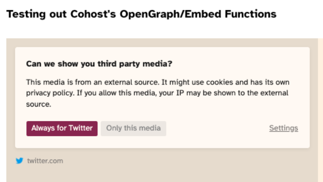 When you are presented with embedded content from a third party you haven't identified, you are prompted to accept or deny the request once or always.