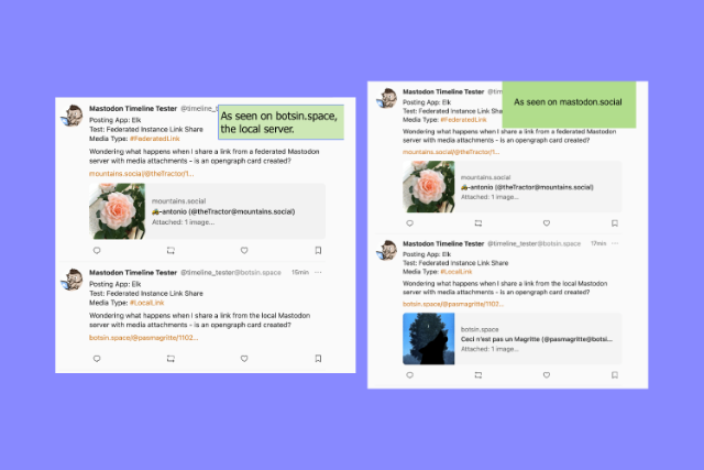 Same post as seen from botsin.space and mastodon.social, one has a preview card, the other does not.