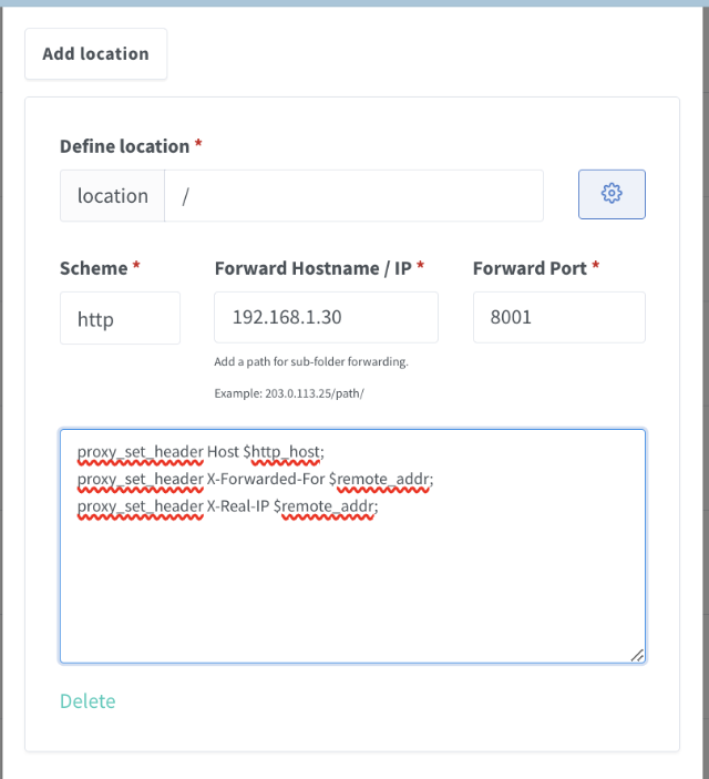 The NGINX Proxy Manager Location Configuration modal