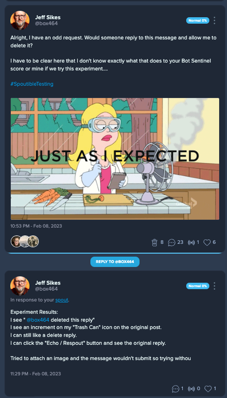 Spoutible post showing that I have deleted replies from the original post