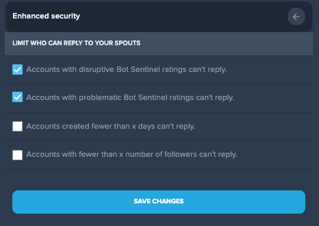 Bot Sentinel rating criteria for replying to your spouts