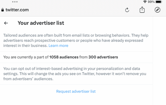View of Tailored Audiences section of the Twitter Settings
