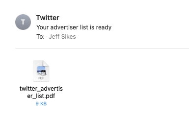 Image of Email with the subject line "Your advertiser list is ready, no message, and an attached PDF"