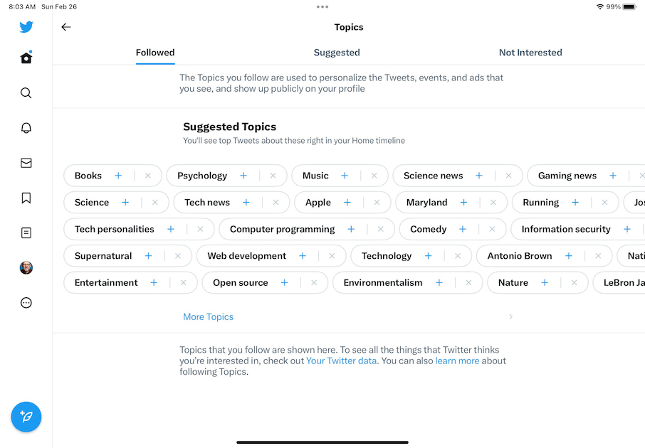 Topics View showing Followed, Suggested and Not Interested Tabs - Followed is selected